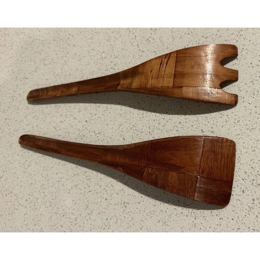 Vintage SALAD SERVER SET Spoon Spork Solid Teak Wood Patch Pattern 10” MCM